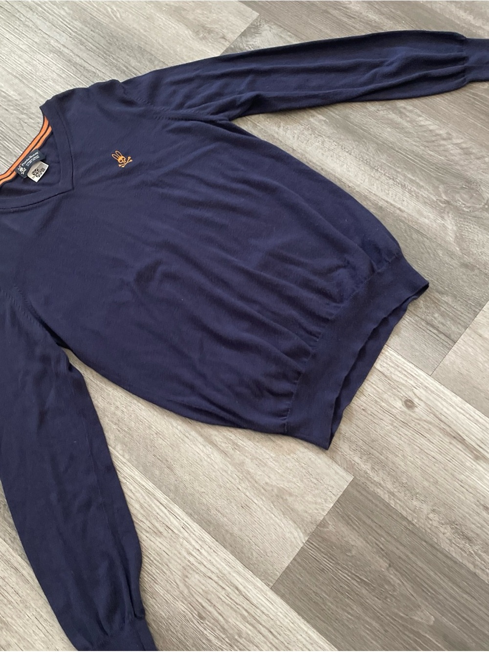 Psycho Bunny Men's Navy V-Neck Sweater with Orange Bunny Logo